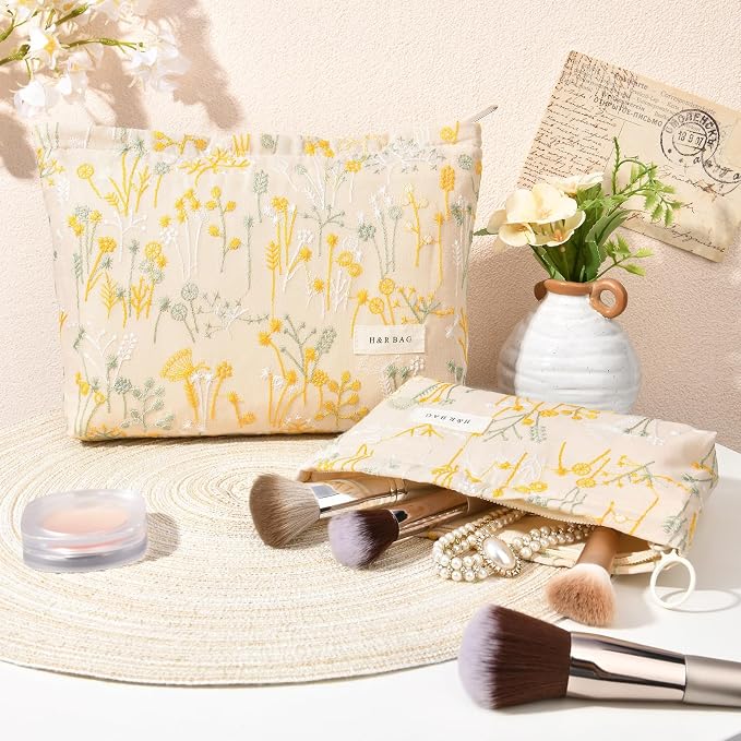 SOIDRAM 2 Pcs Makeup Bag Large Cosmetic Bag Toiletry Bag Makeup Pouch Travel Bag Organizer Cute Makeup Brushes Aesthetic Accessories Storage Bag for Women Wildflower Embroidery - Image 6