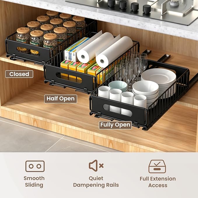 2 Pack Pull Out Cabinet Organizer, Heavy Duty Slide Out Drawer with No Drill Adhesive or Screw Mount, Carbon Steel Roll Out Shelf for Kitchen Cabinet, Pantry & Bathroom Storage - Image 4
