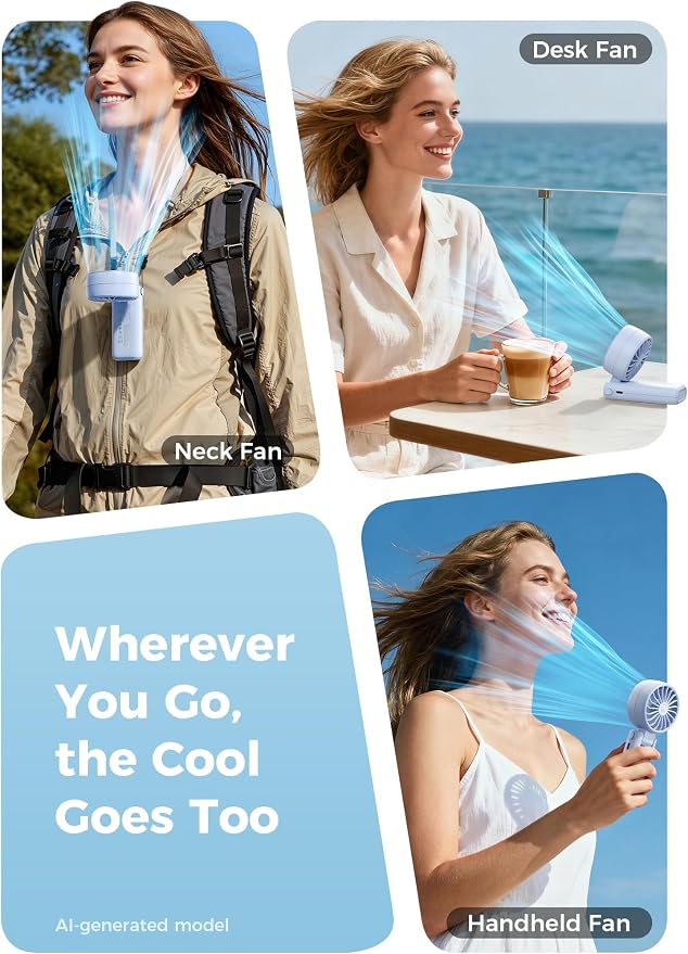 Aecooly Mighty Portable Handheld Fan | 26H Max Cooling | 3 Flexible Modes | 5 Speeds Wind | Battery Level Display | USB Rechargeable Mini Personal Battery Powered, Gifts for Women, Travel -Blue - Image 6