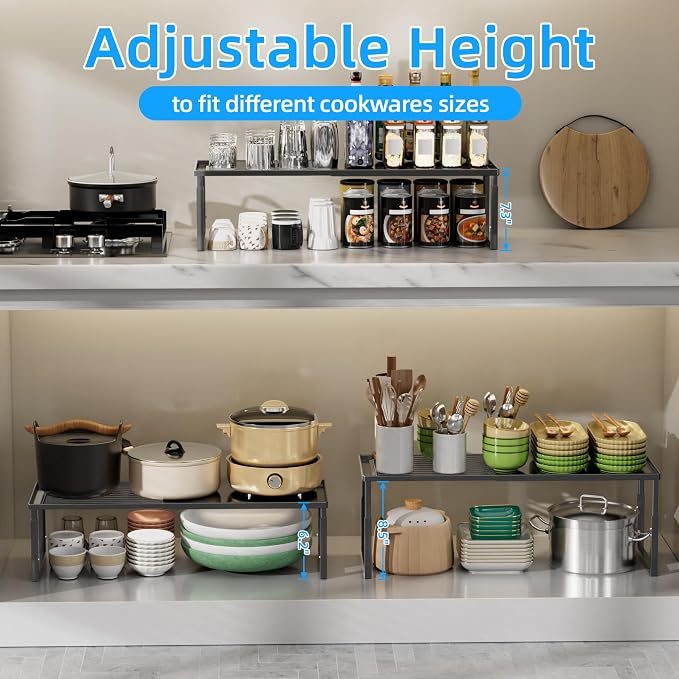 Cabinet Shelves, 4 Pack Stackable Shelves for Pantry Storage | Expandable & Height Adjustable Cabinet Organizer Shelf | Metal Shelf Organizer | Black Spice Rack for Pantry Storage - Image 8