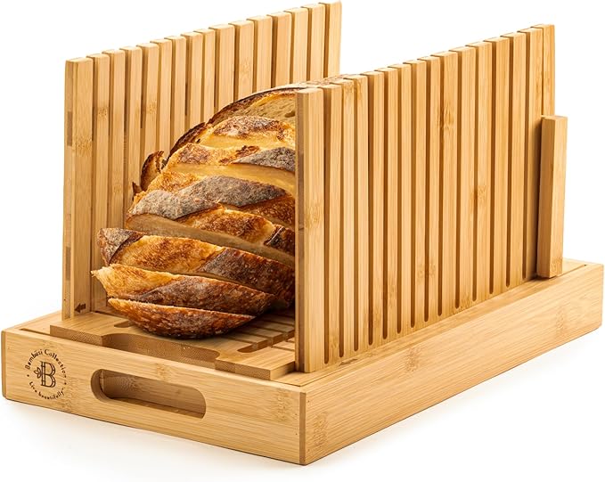 Bambüsi Bread Slicer for Homemade Bread - Upgraded Adjustable Bamboo Bread Cutter Board, Foldable Slicing Guide with Crumb Tray for Sourdough, Artisan Loaves, Bagels, Cakes, Bakery Kitchen Gadget Gift by Bamb%C3%BCsi