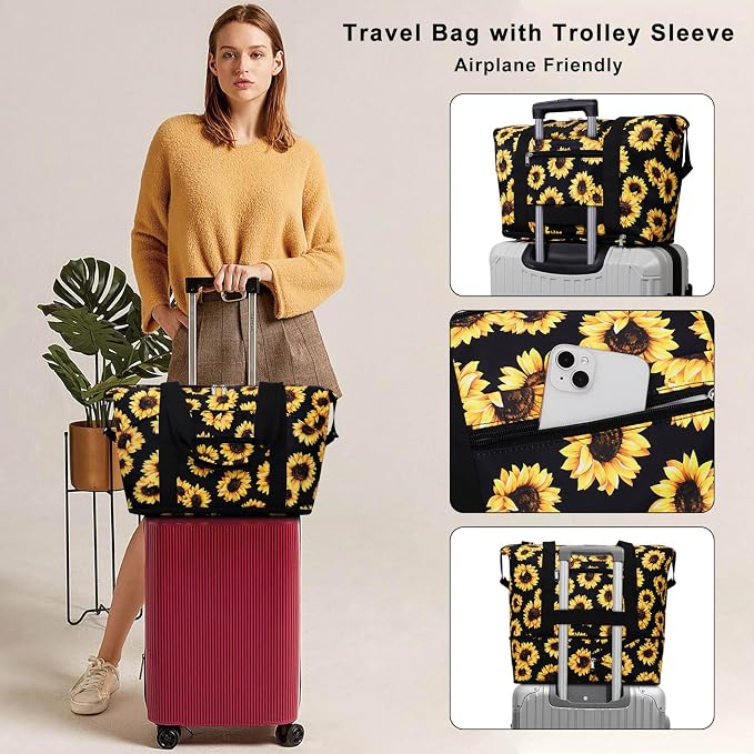 Expandable Duffel Bag for Women with Trolley Sleeve/Wet Pocket Weekender Travel Tote Large Carry On Overnight Luggage - Image 2