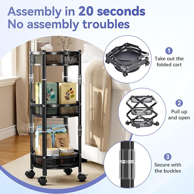 TOOLF 3 Tier Foldable Rolling Cart, Metal Utility Storage Cart, Black | Assembly-Free, Lockable Wheels, Round Trolley Organizer for Bathroom, Kitchen, Office, Dorm, Laundry, Craft Room - Image 4