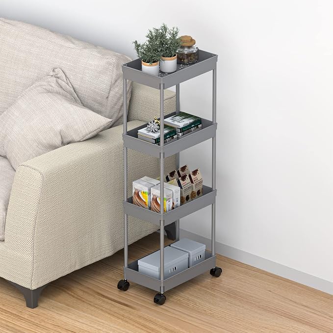 Sooyee 4 Tier Wide Storage Cart, Rolling Utility Cart Grey | Mobile Shelving Unit Organizer with Wheels, Slide Out Storage, Tower Rack, For Kitchen Bathroom Laundry - Image 4