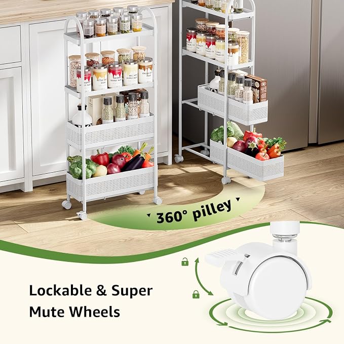 KINGRACK 4 Tier Slim Rolling Cart with Drawer, Metal Utility Storage Cart | 2 Pull-out Baskets, Lockable Wheels, Narrow Space Trolley Organizer for Bathroom, Kitchen, Office, Dorm, Laundry Room, White - Image 4