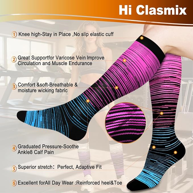 5/6 Pairs Graduated Compression Socks for Women&Men 20-30mmhg Knee High Socks Travel Hiking Running Stocking - Image 3
