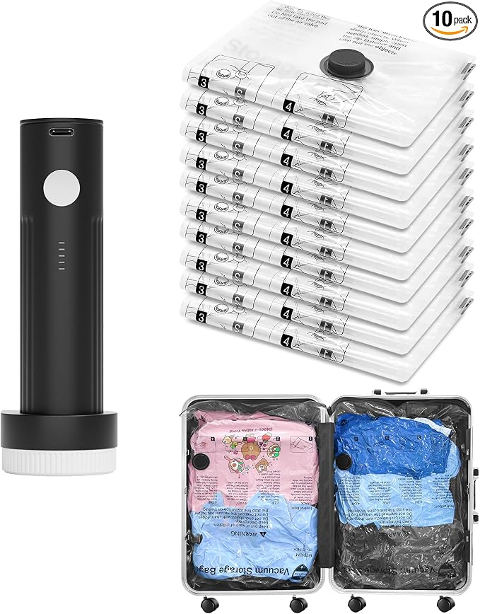 Vacuum Seal Bags for Clothing Travel and Home Storage, Travel Vacuum Bags with Electric Pump, Space Saver Compression Packing Cubes for Luggage Suitcase Bedding Blankets Clothes, 10 Large by SUOCO