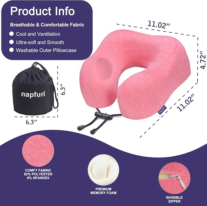 napfun Neck Pillow for Travel, Memory Foam Airplane Pillow, Rose | 360° Neck Support, Upgraded 100% Memory Foam for Airplane, Car, Train, Bus, Office Sleep, Travel Essentials for Long Flights - Image 2