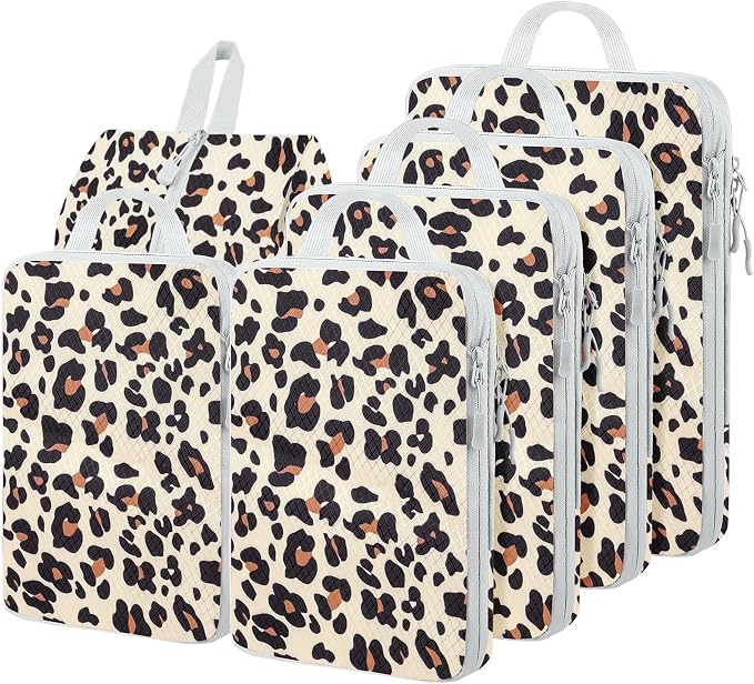 6 Set Compression Packing Cubes, Suitcase Organizer, Lightweight Travel Essentials, Compression Bags For Travel Accessories Luggage Storage Set (6Pcs, Brown Leopard) by Unknown