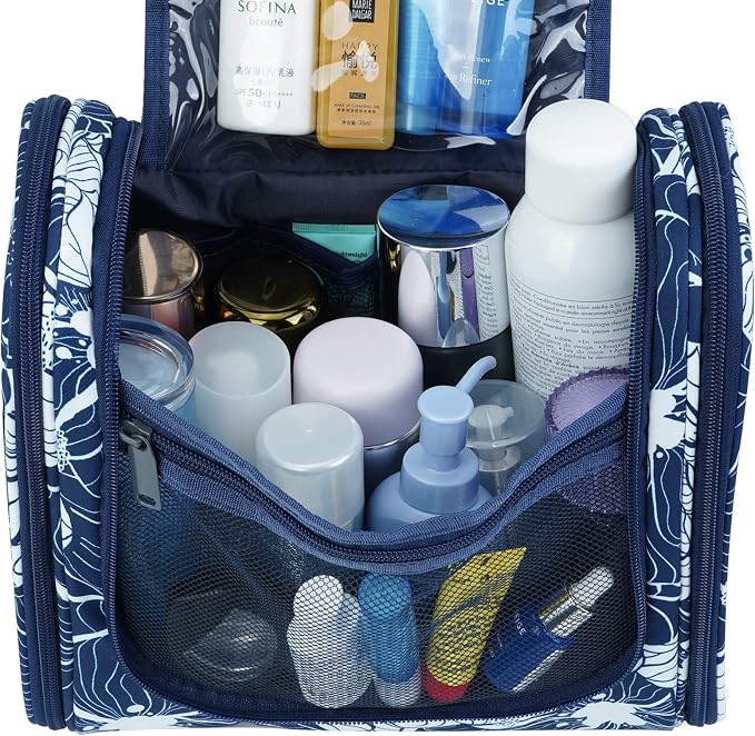 Narwey Hanging Toiletry Bag for Women Travel Makeup Bag Organizer Toiletries Bag for Cosmetics Essentials Accessories (Large, Blue Lotus) - Image 6