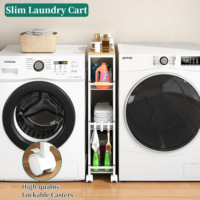 4-Tier Slim Utility Rolling Laundry Cart with Wheels, Easy to Assemble | 7.2" Wide for Narrow Spaces, Wood Top with Metal Frame, Mobile Storage Shelves for Bathroom, Kitchen, Office - Image 3