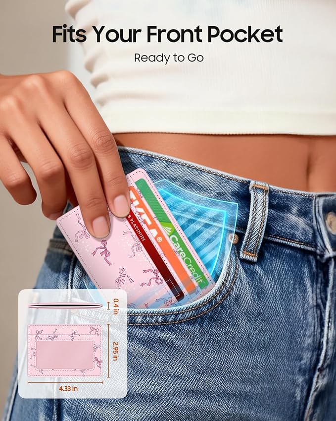 FINTIE Slim Minimalist Front Pocket Wallet RFID Blocking Credit Card Holder | Card Cases with ID Window for Men Women, pink bow - Image 2