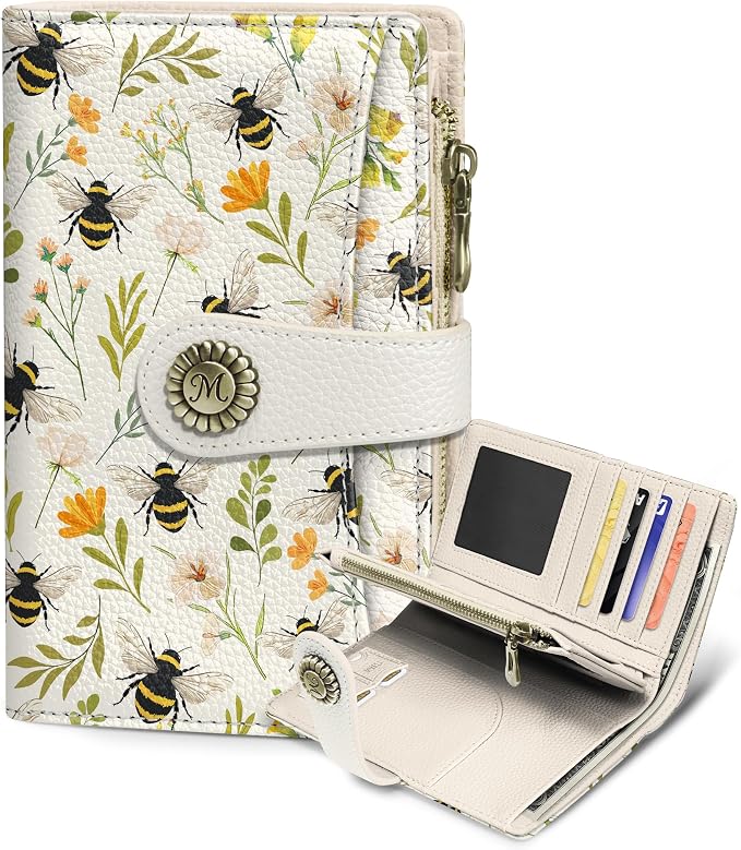 Bees Wallet Women RFID Bifold, Passport Holder, Credit Card Holder | 6.7" x 4.4" x 1.3" Travel billfold, Zipper Coin Pocket, PU Leather Clutch, Purse, ID Window, Pen Holder, Gift for Ladies Girl by Mavellin