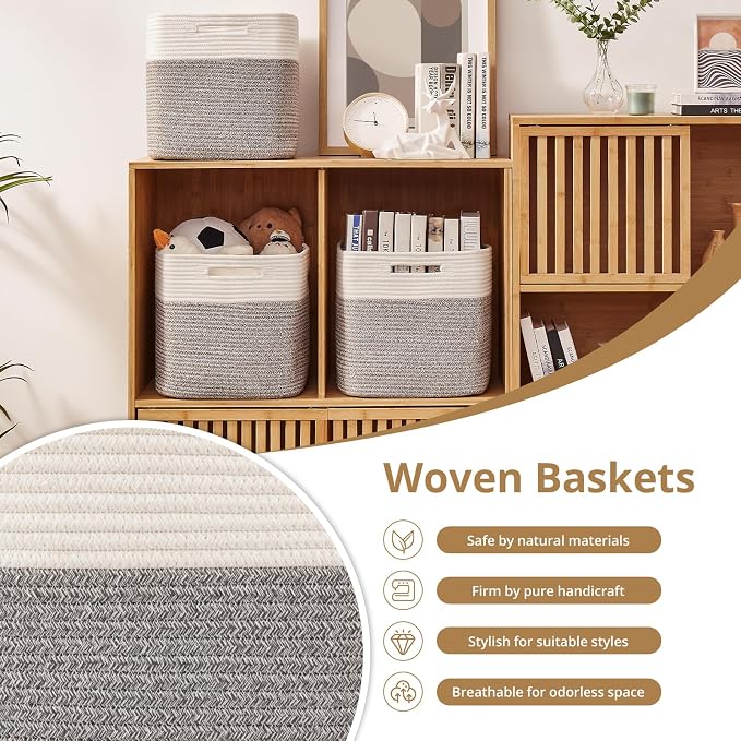 OIAHOMY Cotton Rope Woven Baskets for Organizing 3-Pack 13x15x12.6IN Closet Storage Bins for Clothes Rectangular Storage Baskets for Kids Toy Bins, Living Room Baby Nursery - White & Grey - Image 5