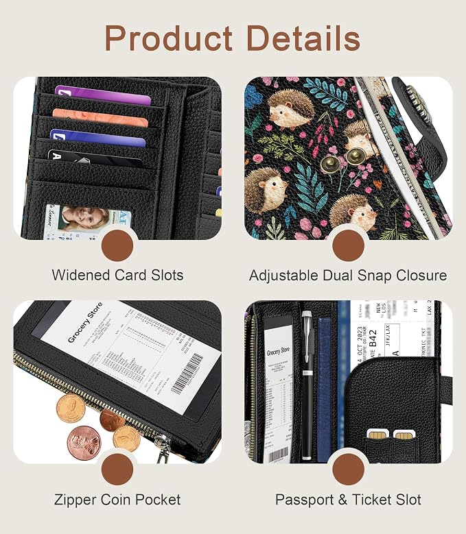 Hedgehog Wallet Women RFID Cute Passport Holder Credit Card Holder | 6.7" x 4.4" x 1.3" Bifold, Travel billfold, Zipper Pocket, PU Leather, Clutch, Purse, ID Window, Pen Holder, Gift Ladies Girl - Image 6