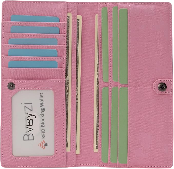 Bveyzi Ultra Slim Thin Leather RFID Blocking Credit Card Holder Bifold Clutch Wallets for Women - Image 2