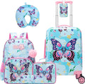 Kid's Luggage Set 5 Piece Suitcase Set 16" Hardside Luggage with Spinner Wheels Blue Butterfly Girls Carry on Toddler Travel Rolling Suitcase with Neck Pillow Airline Approved by Unknown