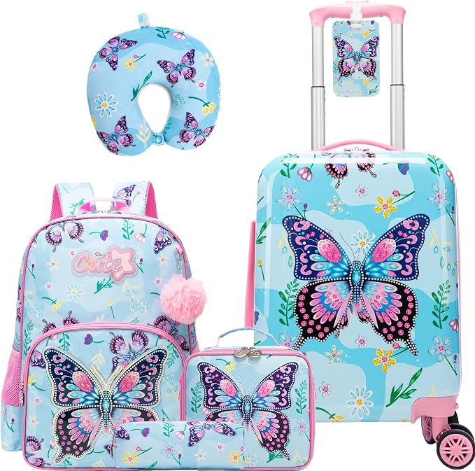Kid's Luggage Set 5 Piece Suitcase Set 16" Hardside Luggage with Spinner Wheels Blue Butterfly Girls Carry on Toddler Travel Rolling Suitcase with Neck Pillow Airline Approved by Unknown