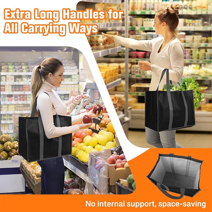 WISELIFE Reusable Grocery Bags with Handles, Foldable, 35L, 10 Pack, Black | Large Shopping Bags with Reinforced Stitching, Water-Resistant Grocery Totes for Kitchen, Market, Car Trunk, Picnic - Image 3