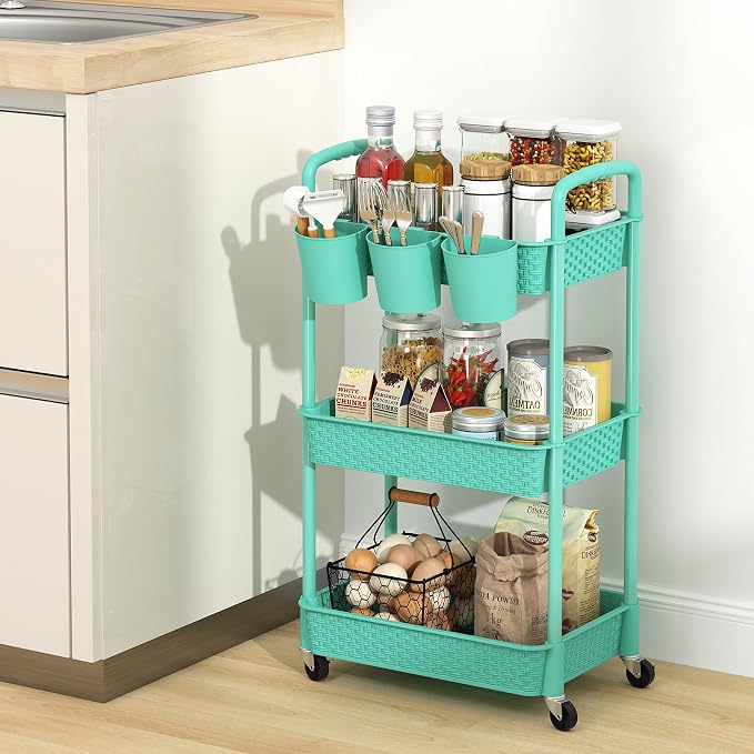 MOYIPIN 3-Tier Plastic Rolling Utility Cart with Handle,Turquoise | Utility Storage Cart for Office, Living Room, Kitchen,Movable Storage Organizer，Easy installation，Rattan-like art design - Image 8