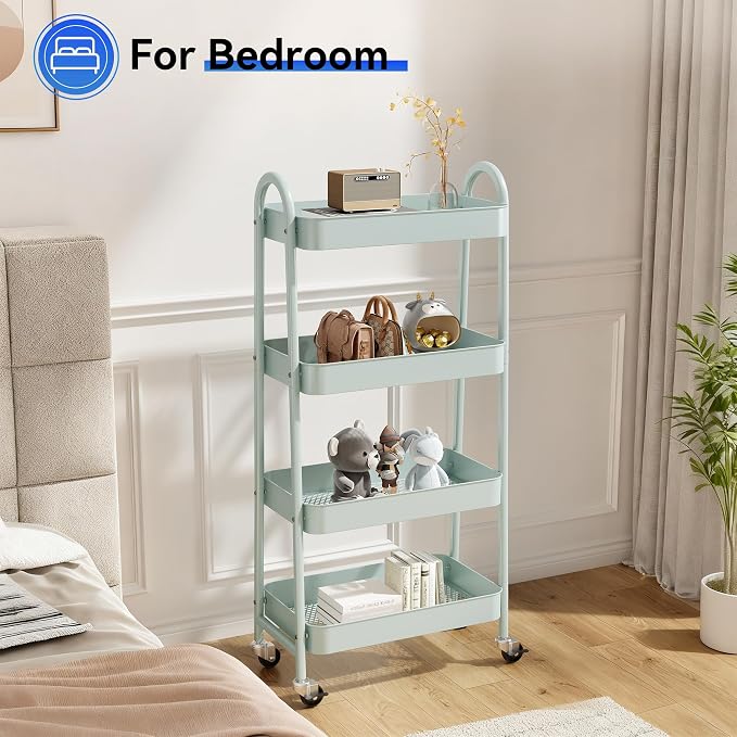 NEWBULIG 4-Tier Metal Rolling Storage Utility Cart with Lockable Wheels | Mobile Organizer Shelf, Space-Saving, Freestanding, Bathroom, Living Room, Slim, Narrow Corner Spaces, Green - Image 7