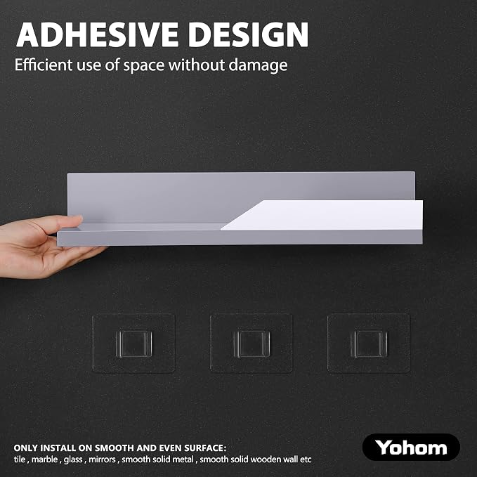 YOHOM Gray Adhesive Floating Shelf No Drilling for Bathroom Tile Wall Stick on Shower Shelf Rack Organizer 14.96inch - Image 3