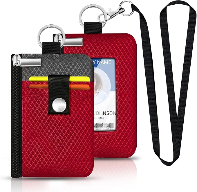 Minimalist RFID Blocking Small Wallet with ID Window,WaterResistant Zip Id Case Wallet with Lanyard Keychain for Cards,Cash,Travel,Women,Men (Red/Dark Grey) - Image 6