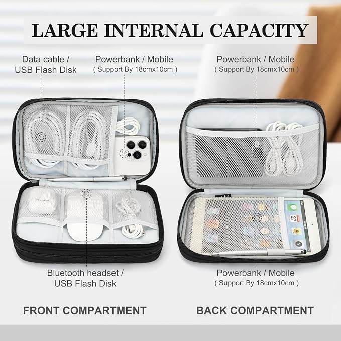 FYY Electronic Organizer, Travel Tech Pouch Bag, Large, Black Quilted | Wrist Strap, Waterproof, Double Layers Portable Electronics Travel Carrying Case for Cord, Charger, Daily Business Trips Use - Image 3