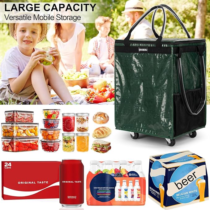(Medium,Green) Reusable Grocery Bag on Wheels, Foldable Rolling Tote, Carries Up to 66 lbs Shopping Trolley, Zipper Clouser Shopping Carts for Trips, Laundry, 4 Heavy Duty Wheels and 3 Handles - Image 5