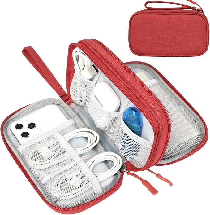 FYY Electronic Organizer, Travel Tech Pouch Bag, Cable Organizer Red | Wrist Strap, Waterproof, Double Layers Portable Electronics Travel Carrying Case for Cord, Charger, Daily Business Trips Use by FYY