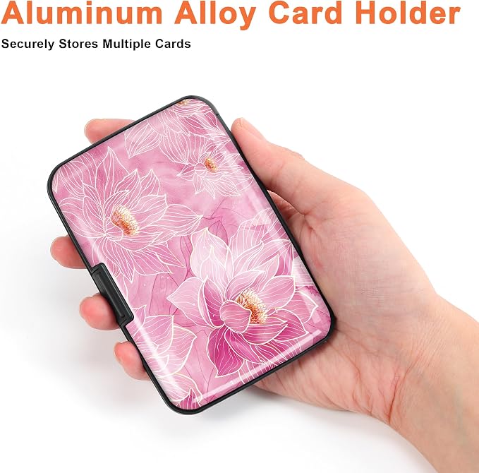 Mayski 2 Pack Credit Card Holder for Women RFID Blocking Wallet, Pink Lotus | Card Wallets for Women Small Mini Business Metal Accordion Aluminum Alloy Hard Case for Men - Image 3