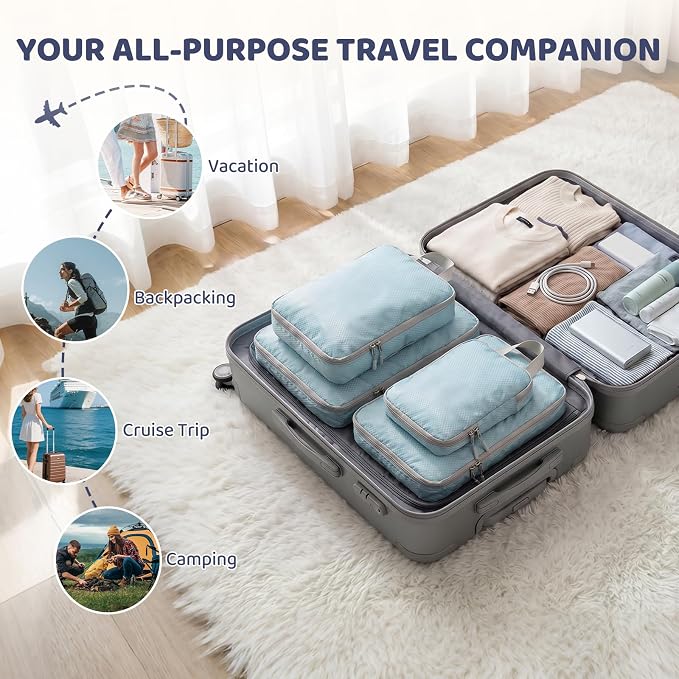 4 Set Expandable Compression Packing Cubes for 3–7 Day Travel, Solid & Plaid Fabric Travel Organizers, Double-Zipper Storage Bags for Carry-On & Suitcases(4set-Grey) - Image 4
