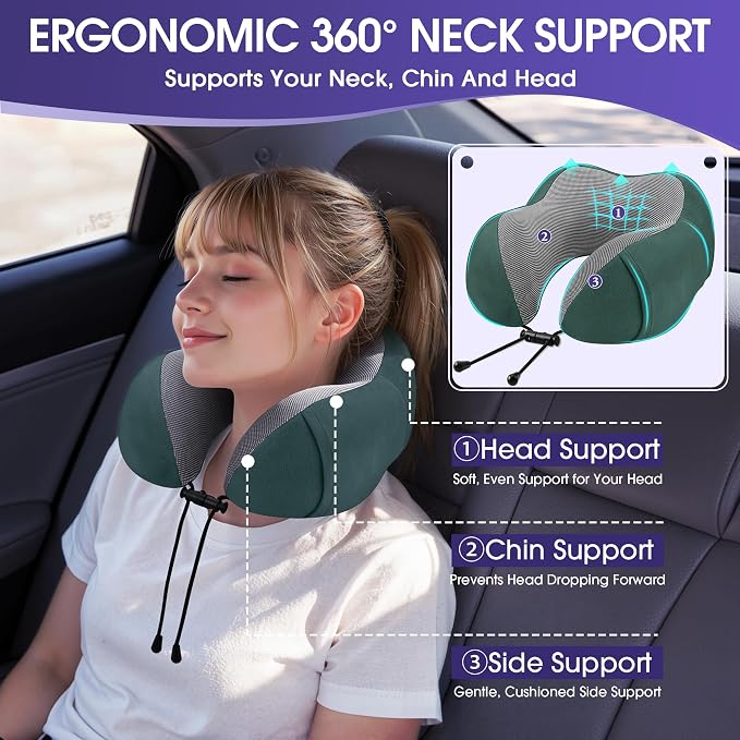 CloudBliss Memory Foam Travel Neck Pillow Airplane, 2 Pack, Black & Green - Image 2