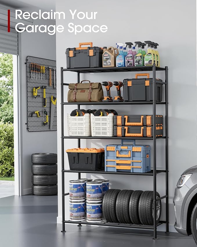 Sakugi Storage Shelves - 5 Tier Shelf Organizer, Heavy Duty Garage Shelving Unit with Leveling Feet, Stable Metal Shelves Organizer for Pantry, Kitchen and Closet, 33.0" W x 12.6" D x 72.0" H, Black - Image 4