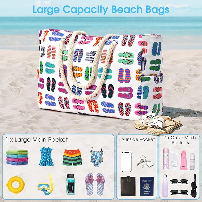 Becokan Beach Bags for Women Large Waterproof Beach Tote Bag Zipper Beach Bags Waterproof Sandproof Swim Pool Bag Large Tote - Image 7