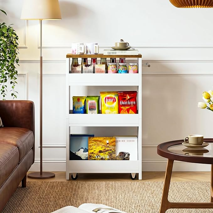 Slim Storage Cart, Slim Storage Rack on Wheels, Rolling Trolley with Handle, Storage Organizer, for Kitchen, Dining Room, Living Room, Laundry Room, White and Walnut MTC01WL - Image 2