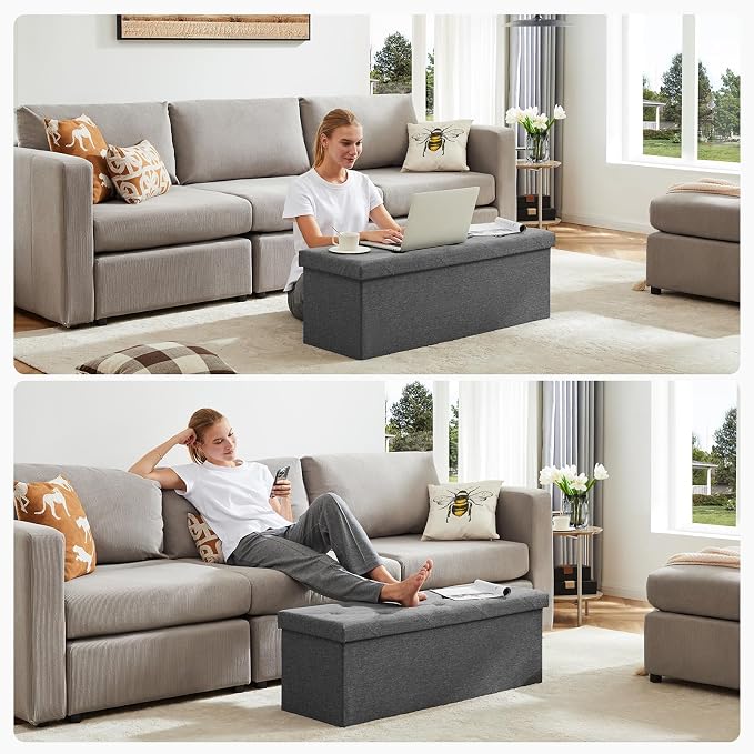 DUMOS 43 Inch Folding Storage Ottoman Bench, Large Ottoman with Storage | Storage Chest with Thicker Foam Padded Seat, End of Bed Foot Rest Stool for Bedroom Living Room Entryway, Load 660 lbs, Grey - Image 6