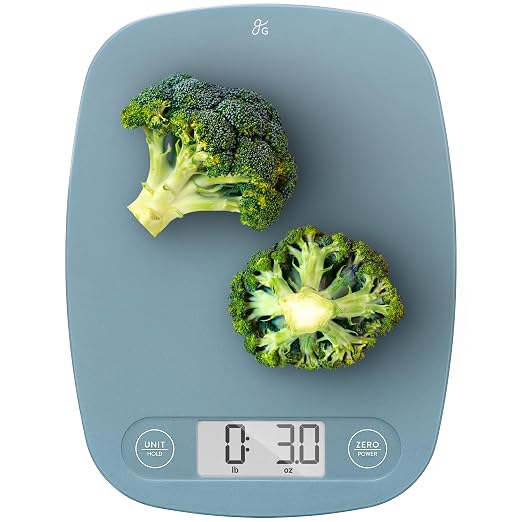 Greater Goods Food Scale, Slim & Compact Build, 1g Precision (Stone Blue) | Digital Kitchen Scale for Cooking, Meal Prep & Portion Control, Tare, Auto Shut-Off, g/oz/lb/ml Conversion & Calorie Tracking by GreaterGoods