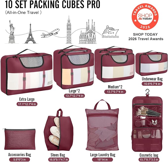 Veken 10 Set Packing Cubes for Travel Essentials, Suitcase Organizer Bags in 4 Sizes, Carry-On Luggage Accessories with Laundry Bag, Airplane Must Have with 99-Count Mesh Holes - Image 2