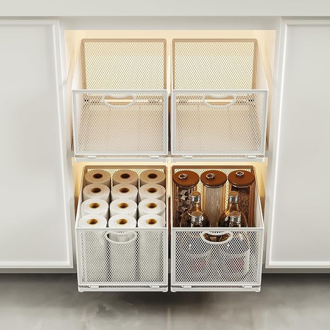 2 Pack Pull Out Cabinet Organizer, No Drill Adhesive Sliding Drawers for Kitchen, Metal Mesh Wire Storage Shelf for Pantry & Under Sink, White (9.6" W x 11.8" D x 8.4" H) - Image 3