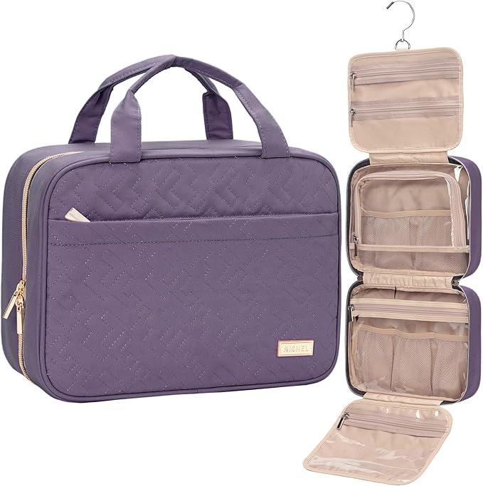 NISHEL Travel Toiletry Bag for women, Portable Hanging makeup Organizer | for Travel-Sized Shampoo, Conditioner, Brushes Set, makeup Accessories, Medium Size, Purple by NISHEL