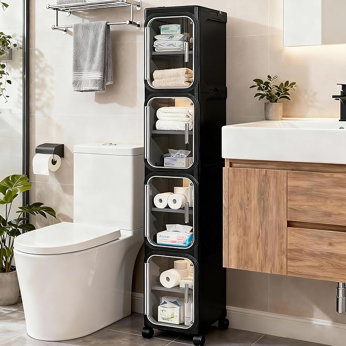 4-Tier Tall Narrow Slim Bathroom Storage Cabinet, Black | Tool Free Assembly, Adjustable Shelves, Fits for Narrow Spaces, Reinforced Stability, Magnetic Clear Door by Lifelongpal