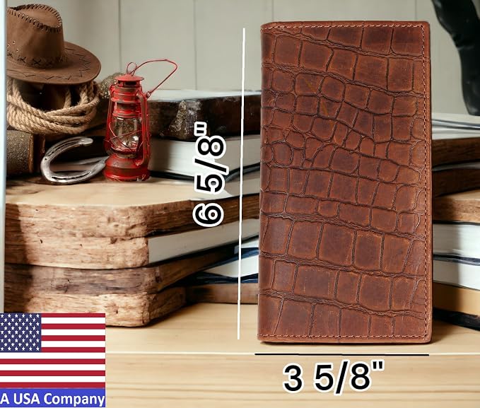 F&L CLASSIC Men's RFID Vintage Look Genuine Leather Long Bifold Wallet Checkbook Wallets,Crocodile style brown,240-70 - Image 2
