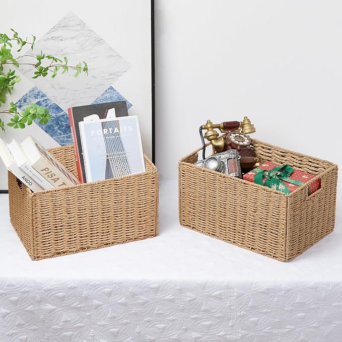 Wicker Storage Basket, Set of 2 Hand-Woven Paper Rope Wicker Basket, Small Storage Baskets for Organizing Toilet Paper Basket, Foldable Large Cube Storage Organizer Bins for Shelves (Natural) - Image 7