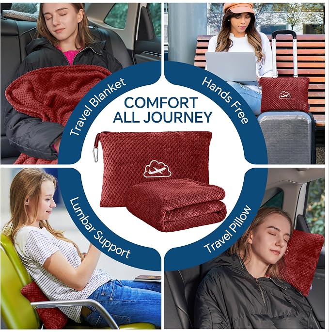 BEDELITE Travel Blanket with Bag, Jacquard Fleece Blanket 65"x40", Burgundy | Ultra-soft Airplane Blanket, Luggage Sleeve & Backpack Clip, Travel Essentials for Women, Foldable as Pillow for Long Flight - Image 4
