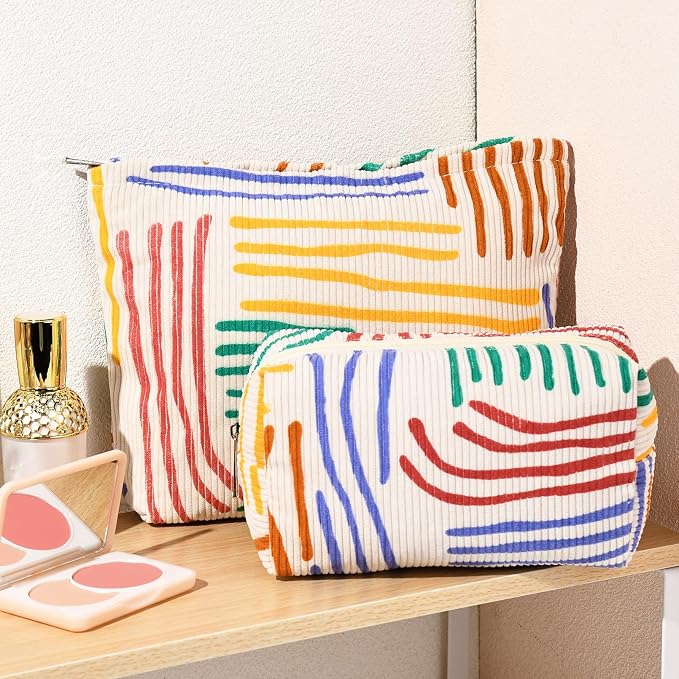 SOIDRAM 2 Pieces Stripes Makeup Bag Large Corduroy Cosmetic Bag Capacity Canvas Mix Travel Toiletry Bag Organizer Cute Makeup Brushes Aesthetic Accessories Storage Bag for Women, Stripes Mix Colorful - Image 5