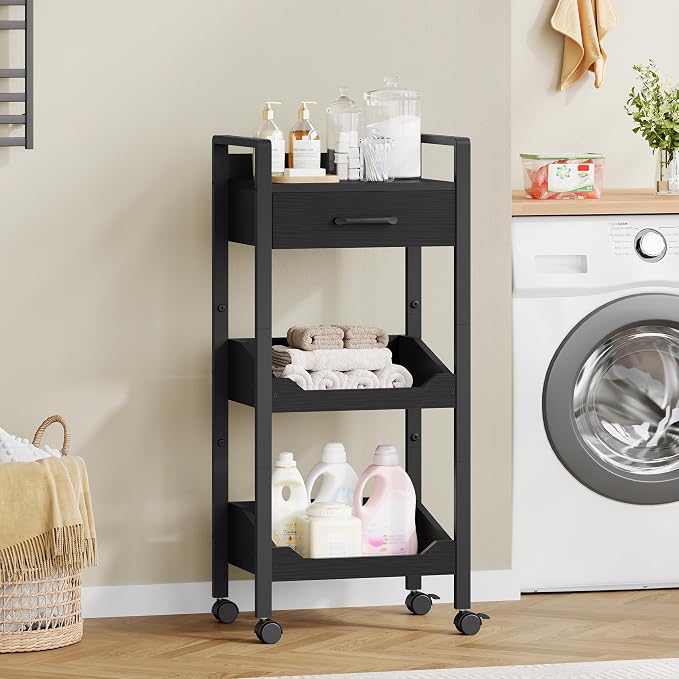 Hoctieon 3-Tier Rolling Storage Cart with Drawer, Rolling Utility Cart Organizer, Mobile Shelving Unit with Wheels, Metal Frame, Kitchen Utility Cart for Small Space, Office, Bathroom, Black - Image 3