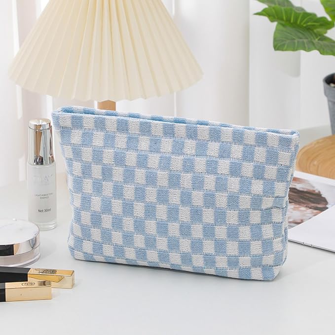 Cosmetic Bags for Women - Corduroy Cosmetic Bag Aesthetic Women Handbags Purses Smile Dots Makeup Organizer Storage Makeup Bag Girls Case Bags (Q-Checkered blue) - Image 3