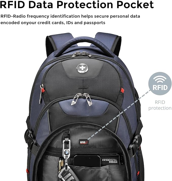 Swissdigital Design Laptop Backpack with USB Charging Port, Travel Backpack Fits 15.6 inches Computer, 31l College School Backpack for Men, Blue/Black | SD803-12 - Image 4