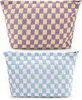 SOIDRAM 2 Pieces Makeup Bag Large Checkered Cosmetic Bag Capacity Canvas Travel Toiletry Bag Organizer Cute Makeup Brushes Aesthetic Accessories Storage Bag for Women,Checkered L Purple Light blue by SOIDRAM